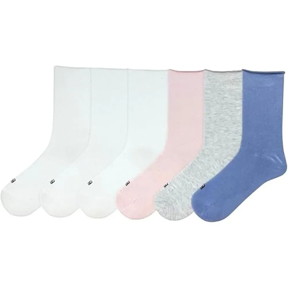 K BELL Womens Modal Roll Top Socks 6 pairs Solid Colors Blue White Pink Grey NWT